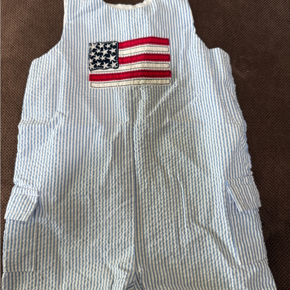 Good Lad Blue/Gray and White Striped Seersucker Romper 4th of July!